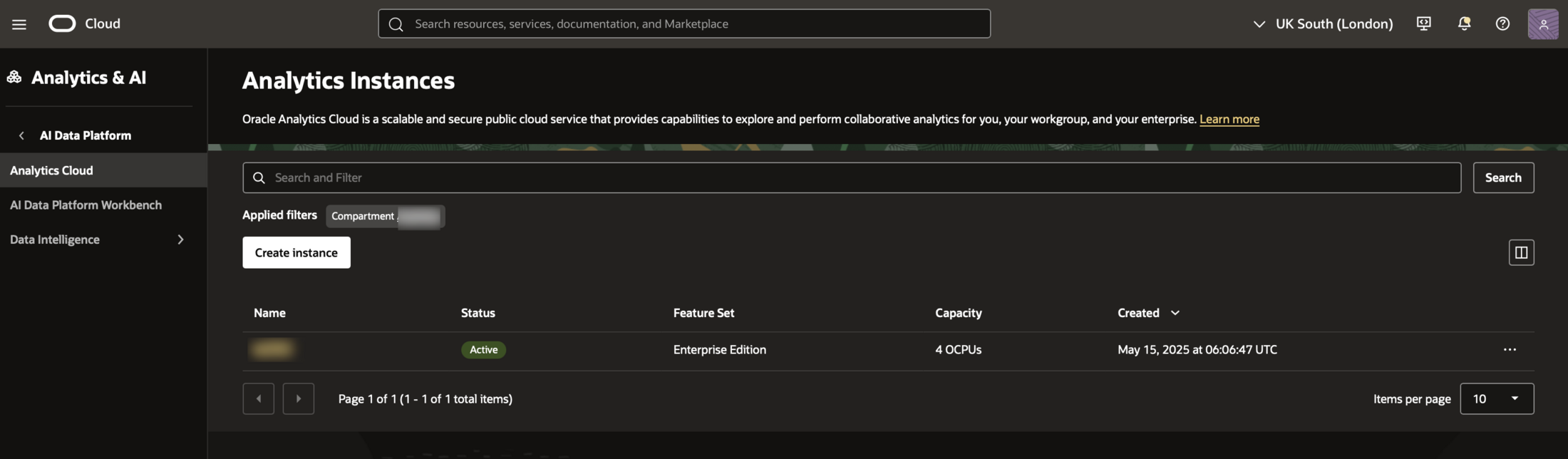 Oracle Cloud Infrastructure Analytics Instances page showing an active Oracle Analytics Cloud instance