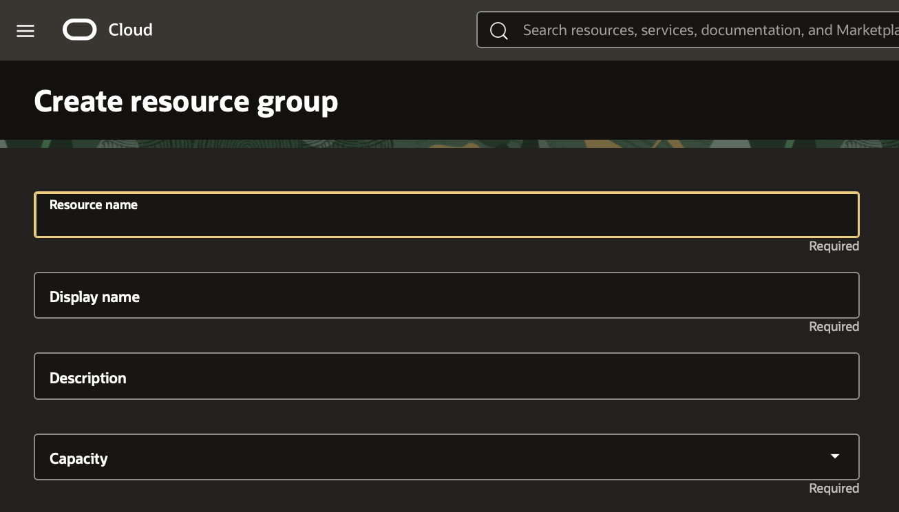 Create Resource Group page showing fields for resource name, display name, description and capacity