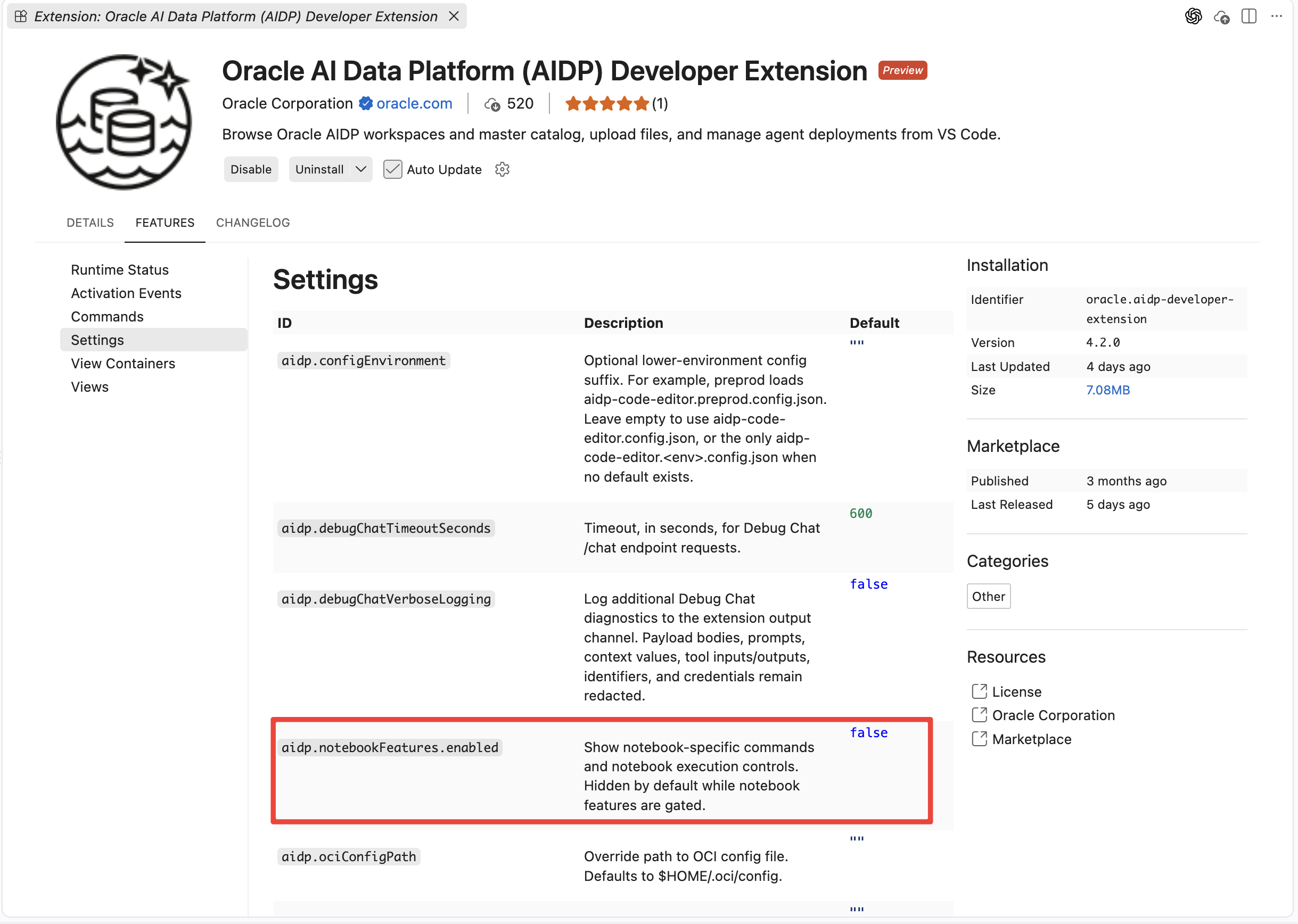 AIDP Developer Extension version 4.2.0 with Preview badge and the gated notebook setting defaulting to false