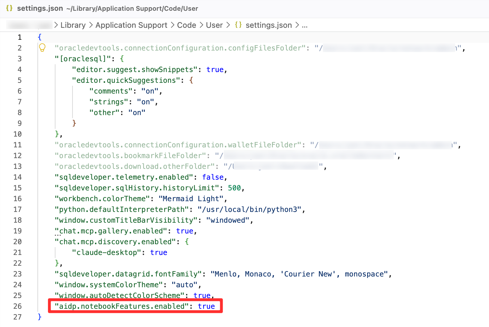 VS Code user settings JSON with aidp.notebookFeatures.enabled set to true and highlighted in red