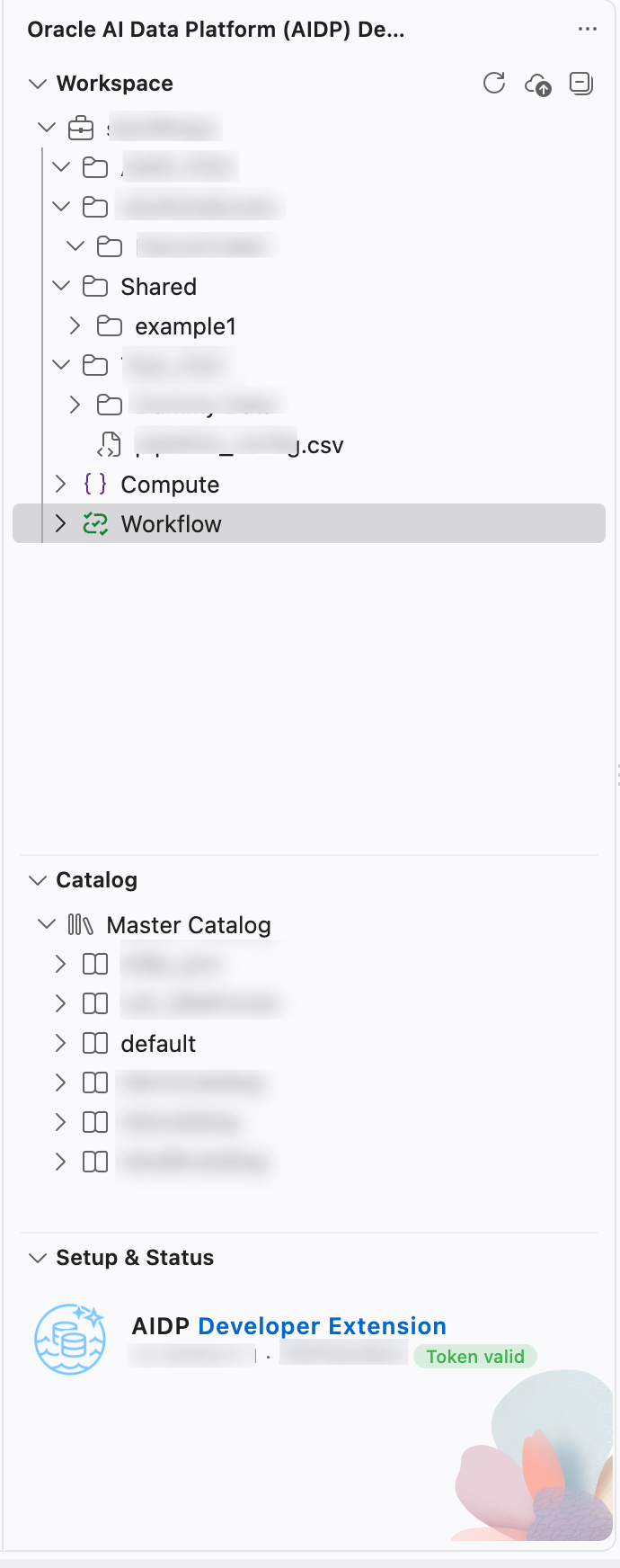 AIDP workspace explorer before enabling notebook features, with folders and other resources visible but no notebook entries in the expanded folders