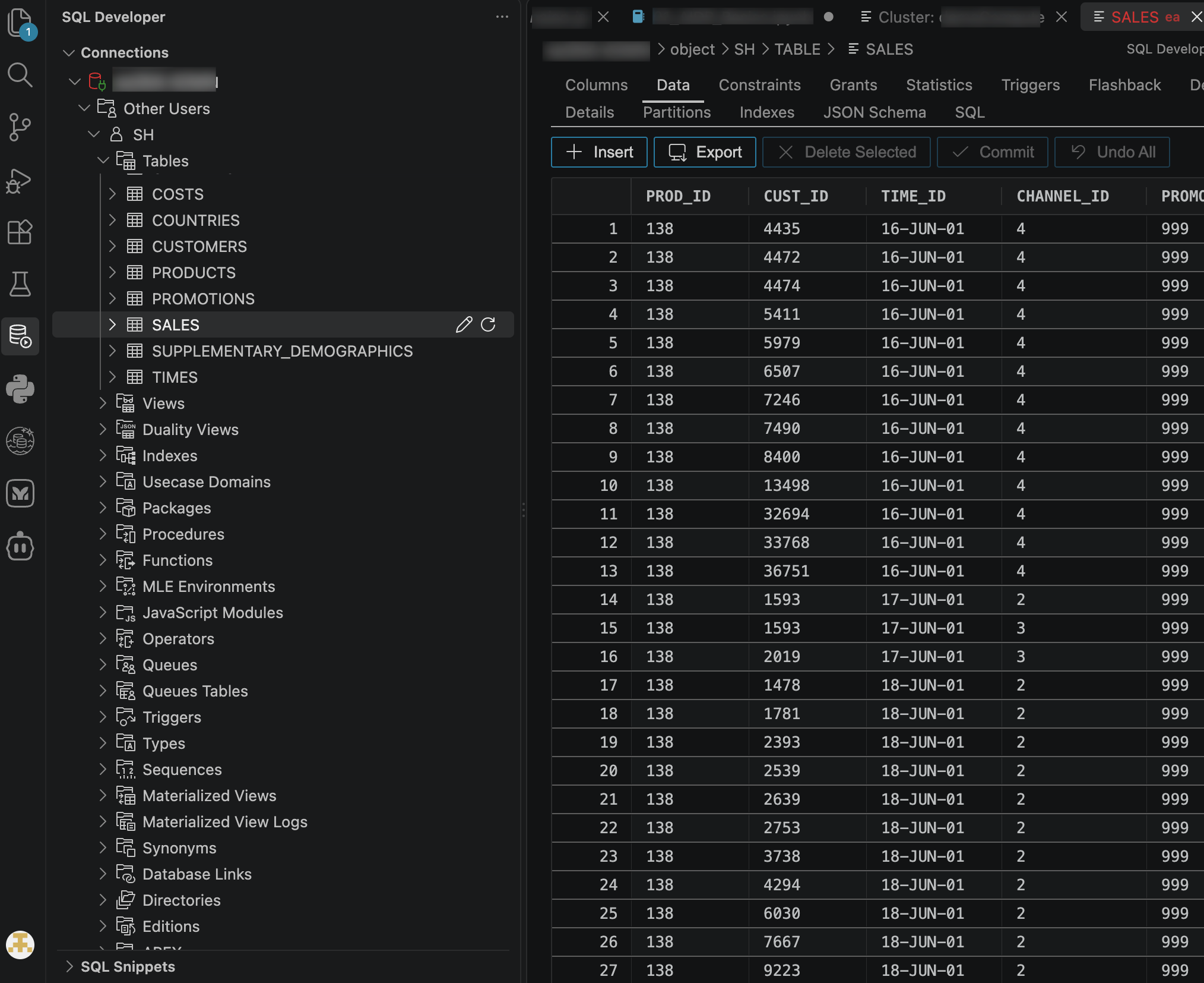 Oracle SQL Developer in VS Code with the SH schema expanded and the SALES table displayed in the data grid