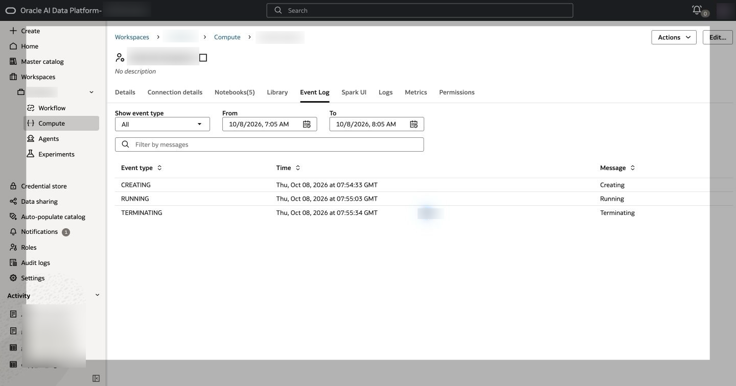 AIDP event log showing Creating, Running and Terminating entries for demoCompute