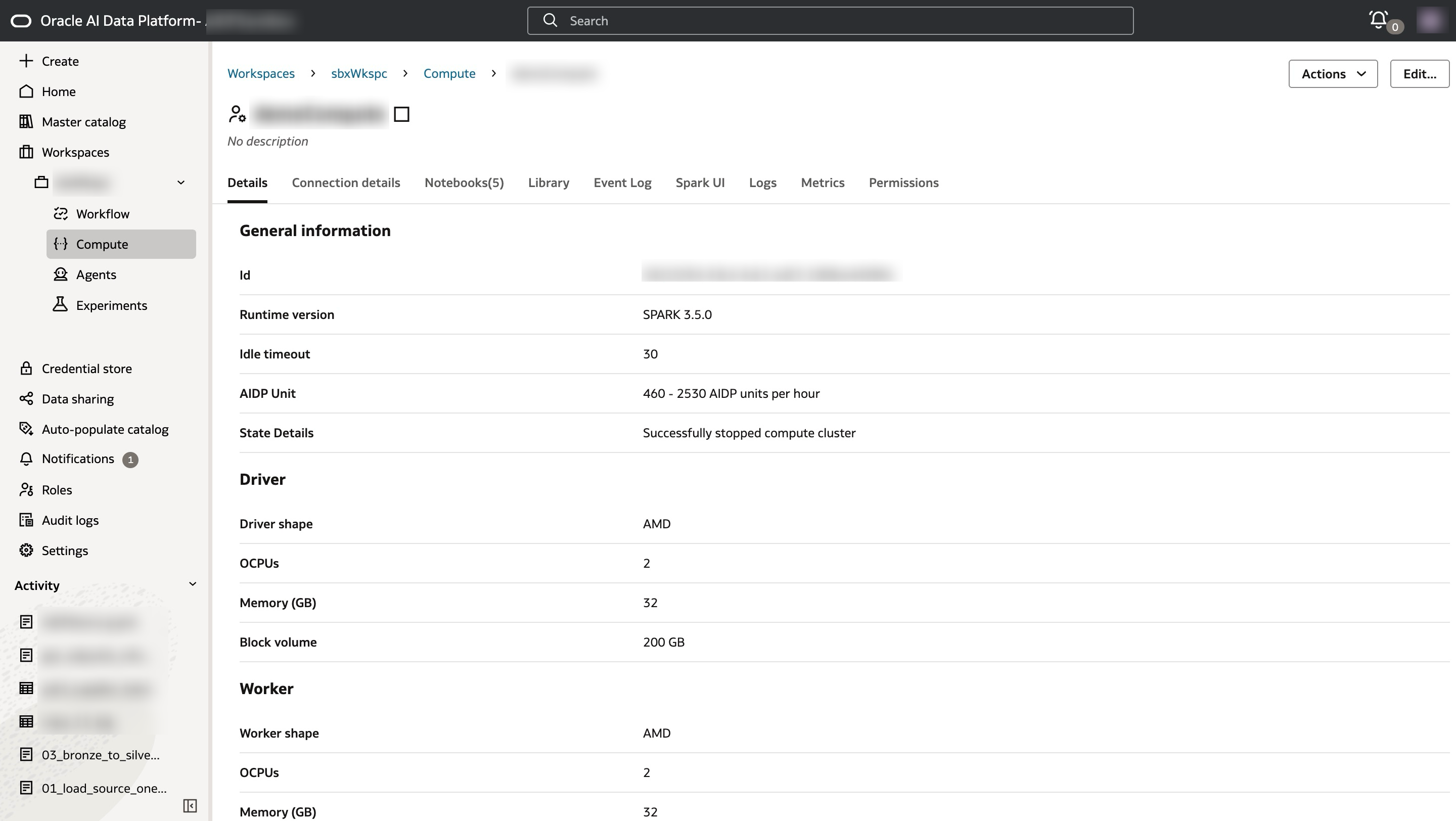 demoCompute details showing Successfully stopped compute cluster